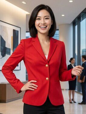 Theory Red Stretch Tailored Blazer with Gold Accents